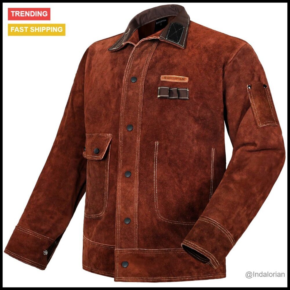 Heavy Duty Leather Welding Jacket Flame Resistant Cowhide Protective Workwear